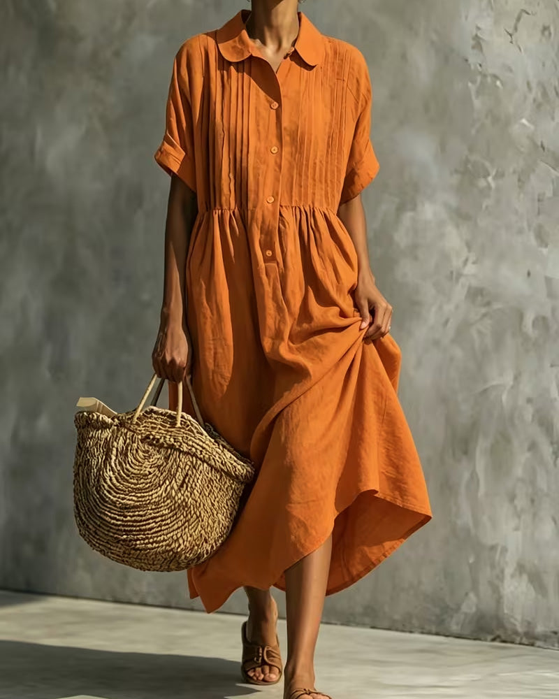 Peter Pan Collar Shirred Solid Dress