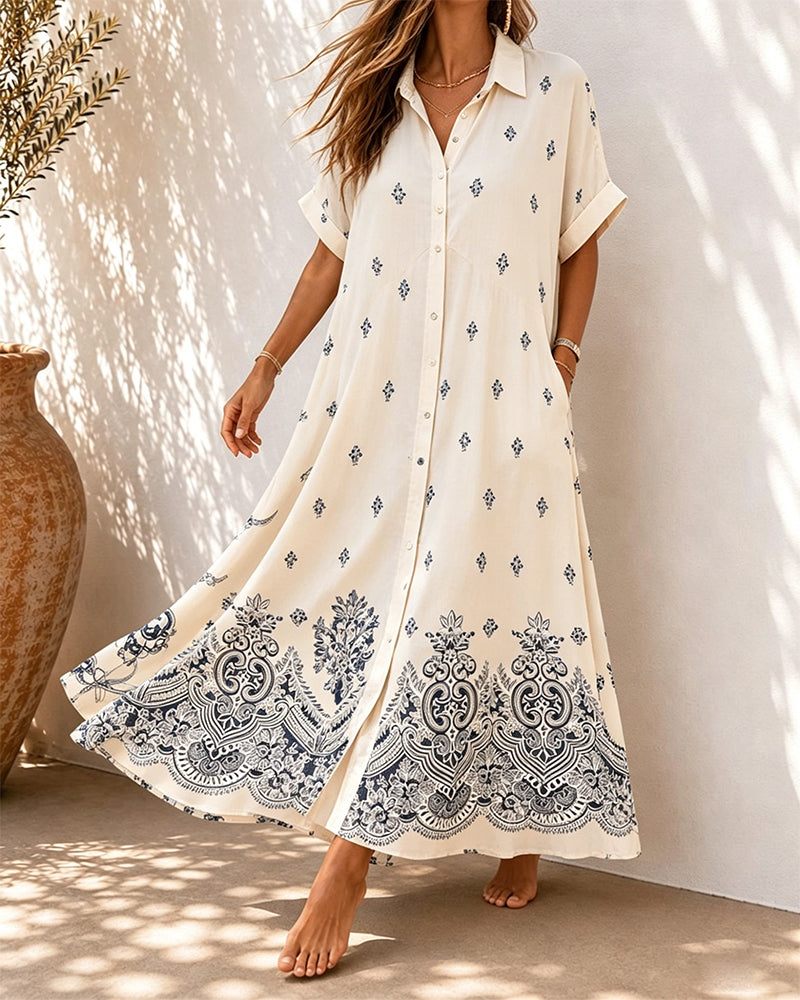 Shirt Collar Printed Button Down Dress