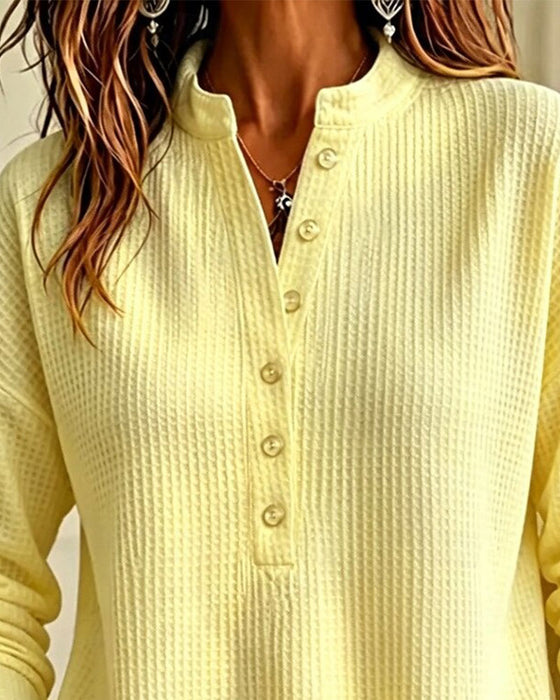 Small Stand Collar Button Waffle Top