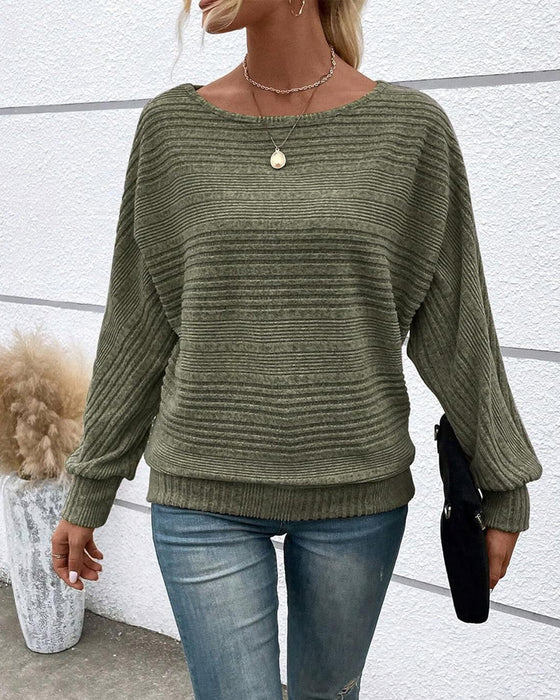 Solid Color Round Neck Long Sleeve Striped Top