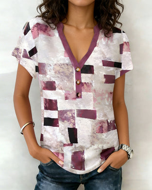 V-Neck Geometric Print Casual T-Shirt