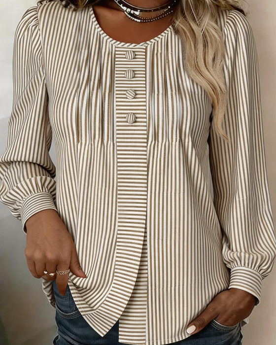Crew Neck Button Front Stripe Puff Sleeve Blouse
