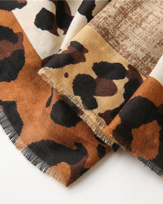 Women's Leopard Patchwork Print Fringe Shawl Scarf