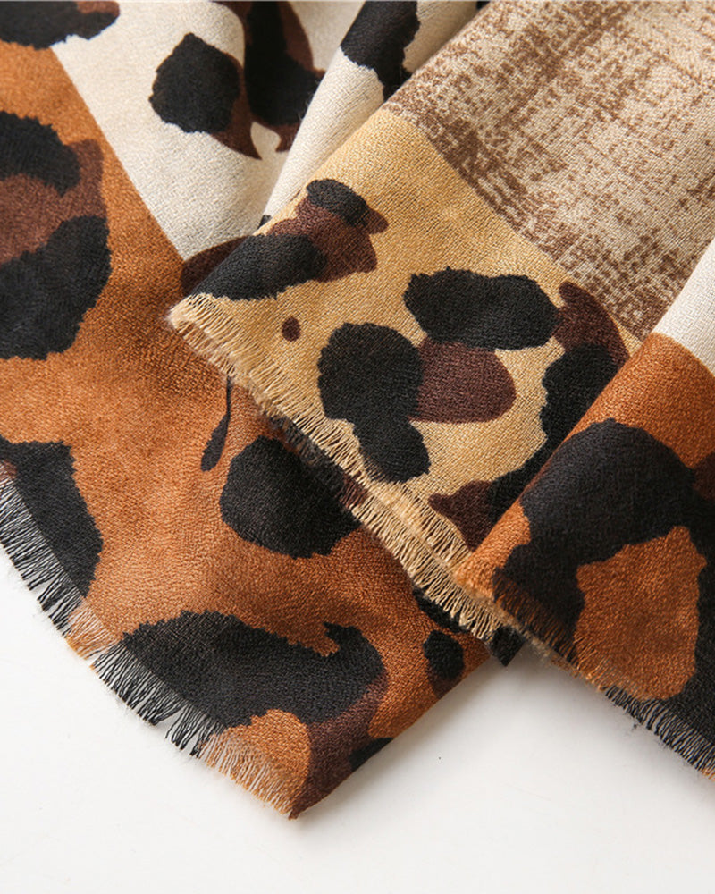 Women's Leopard Patchwork Print Fringe Shawl Scarf