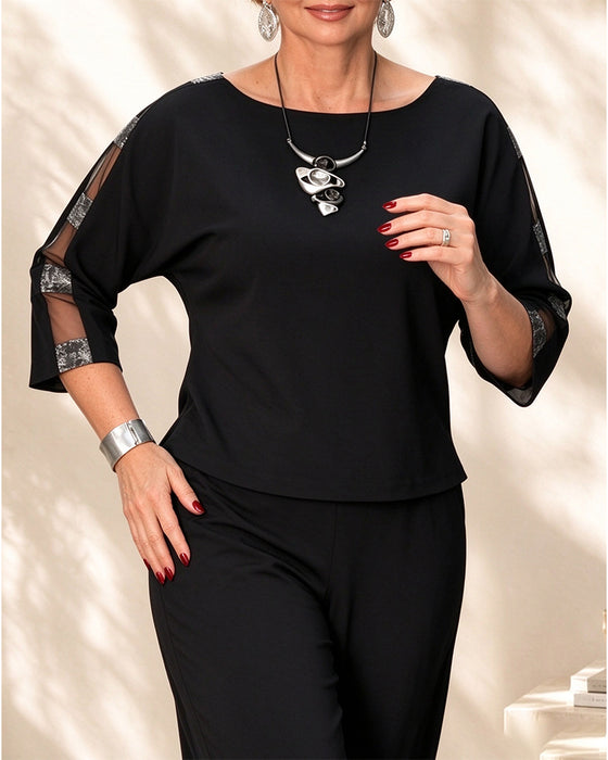 Crew Neck Sheer Three-Quarter Sleeve Blouse