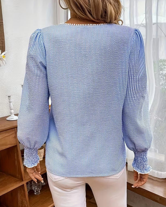 Puff-Sleeved Striped Lace-Trimmed Blouse