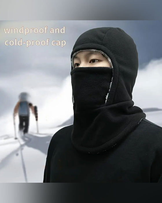 Winter 2 In 1 Hat And Face Mask Windproof Thick Fleece Lining For Outdoor Sports Black