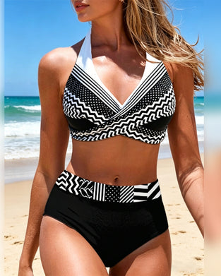 Halter Polka Dot Wave Print Bikini