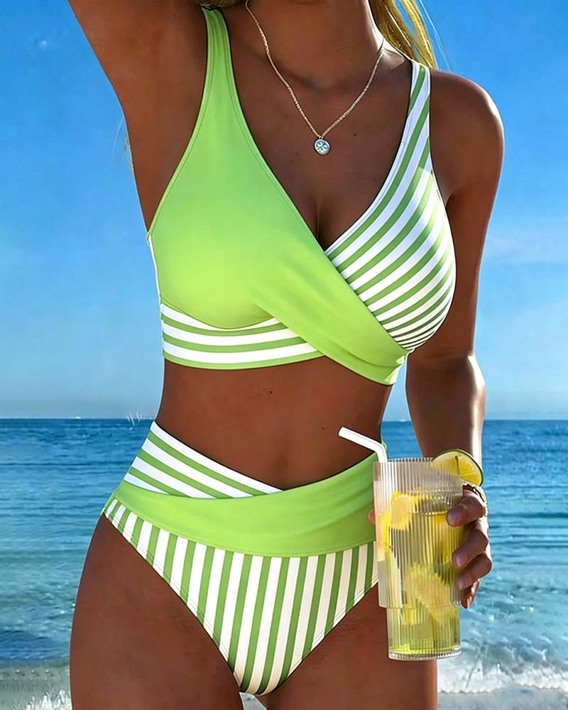 Crisscross Striped Print Bikini