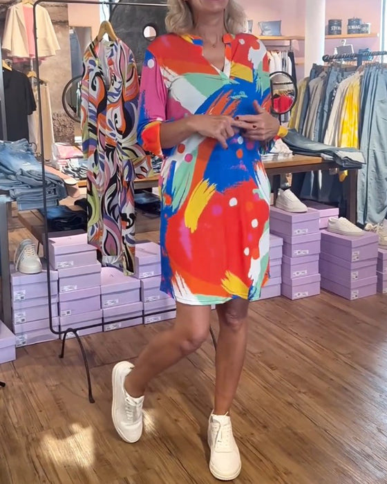 Colorful printed V-neck elegant dress