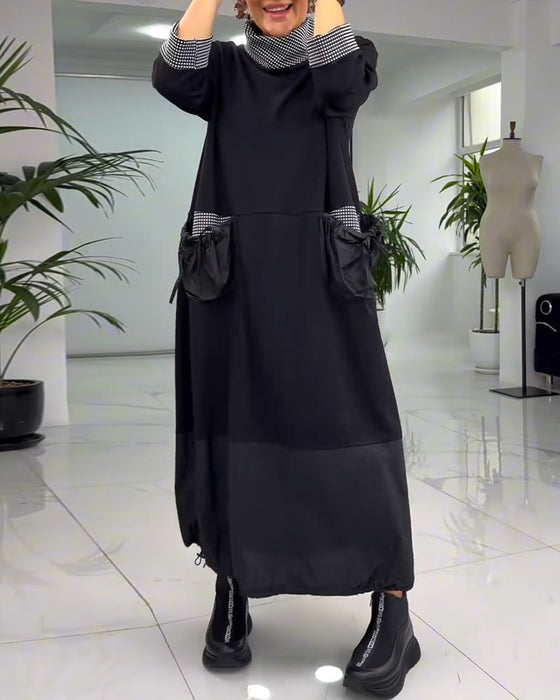 Casual plaid patchwork high collar pocket dress