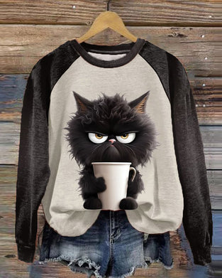 Cat Loose Sweatshirt with Color Block