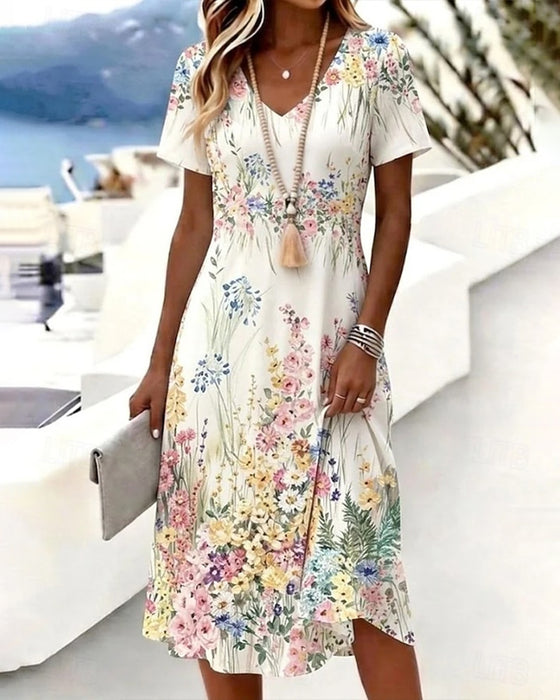 V-Neck Floral Short Sleeve A-Line Dress