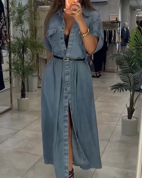 Shirt Collar Pocket Button Denim Dress