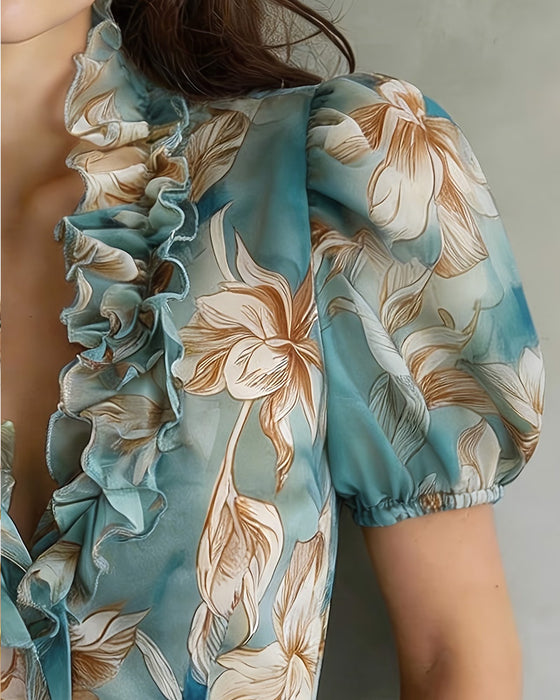 Ruffled Floral Puff Sleeve Blouse