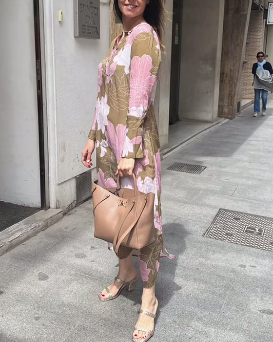 Casual floral print long sleeve slit maxi dress