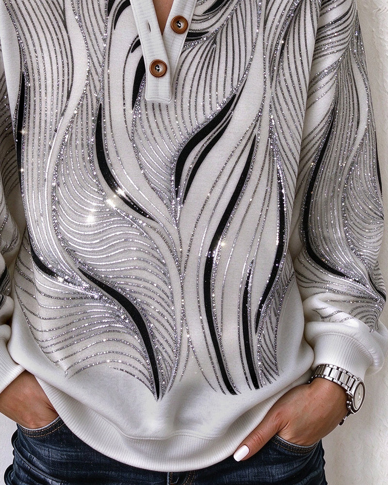 Wave Print Henley Collar Sweatshirt