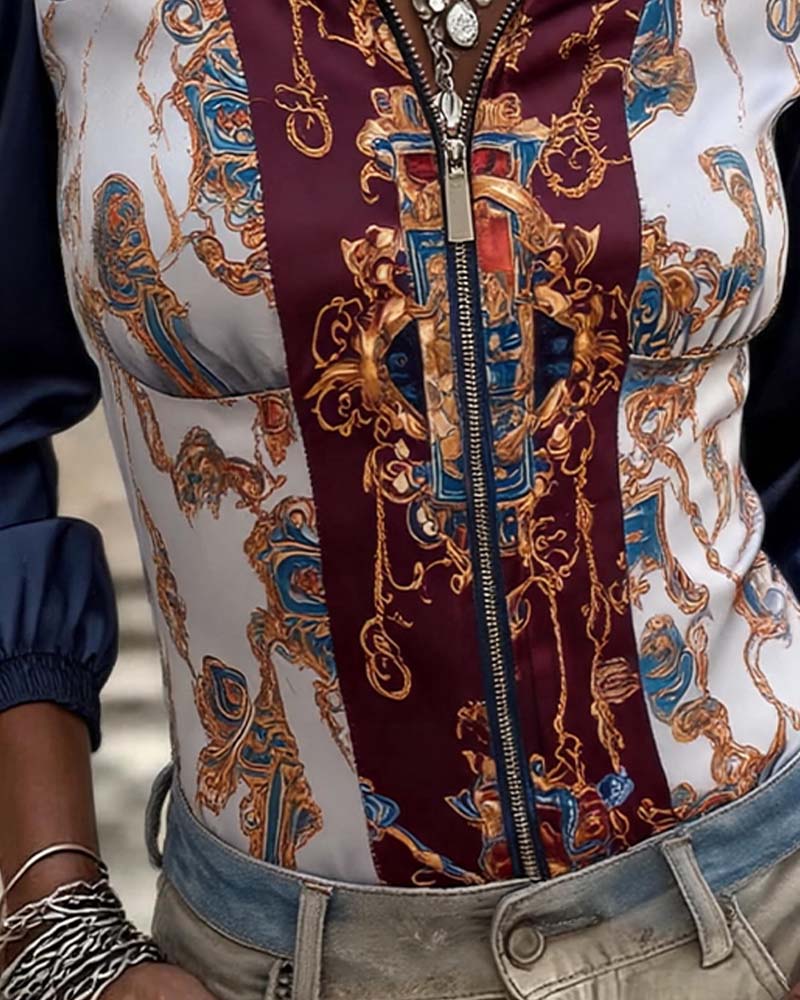 Puff Sleeve Patchwork Printed Zip Top