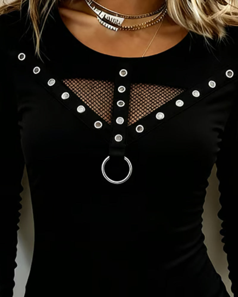 Crew Neck Lace Panel Cutout Metal Ring Blouse