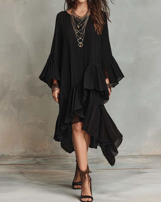 Round Neck Irregular Ruffle Dress