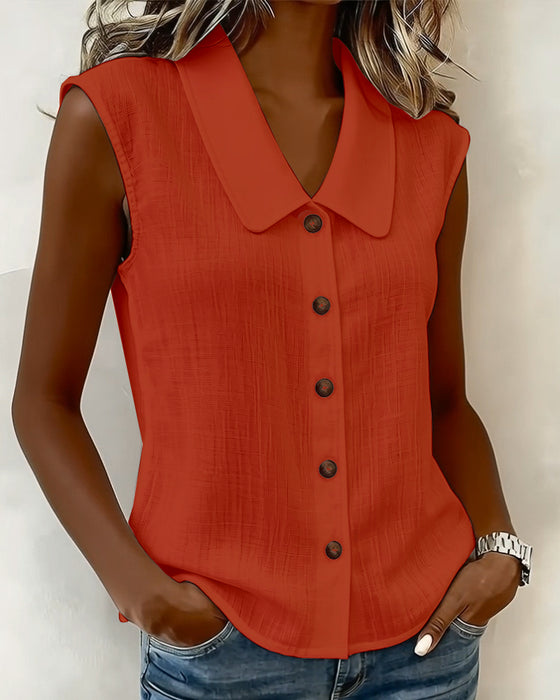 Sleeveless Lapel Linen-Cotton Shirt