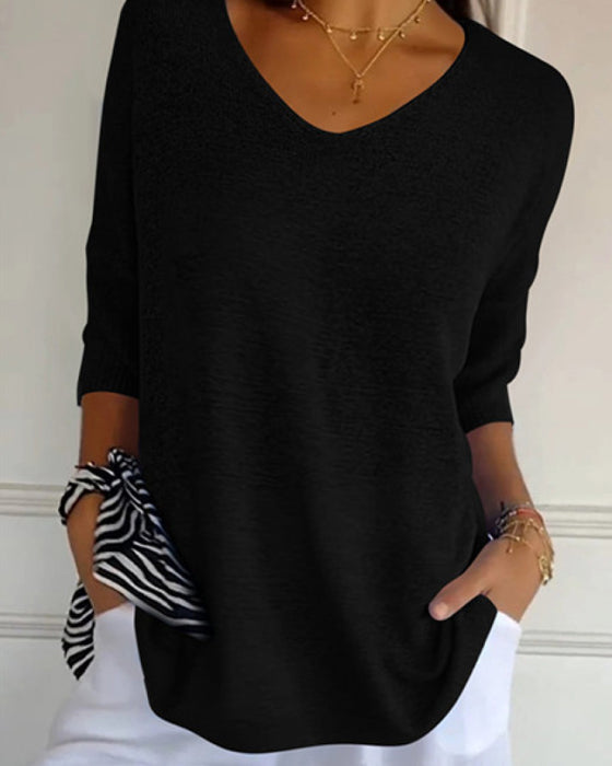 💖 Solid Color Knitted Top With V-Neck