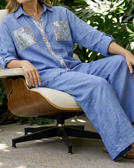 V-Neck Shirt Shimmer Wide Leg Solid Set