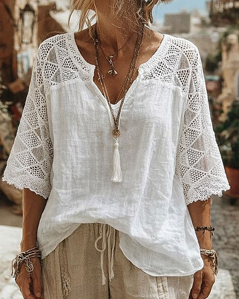 Solid-Color Paneled V-Neck Blouse