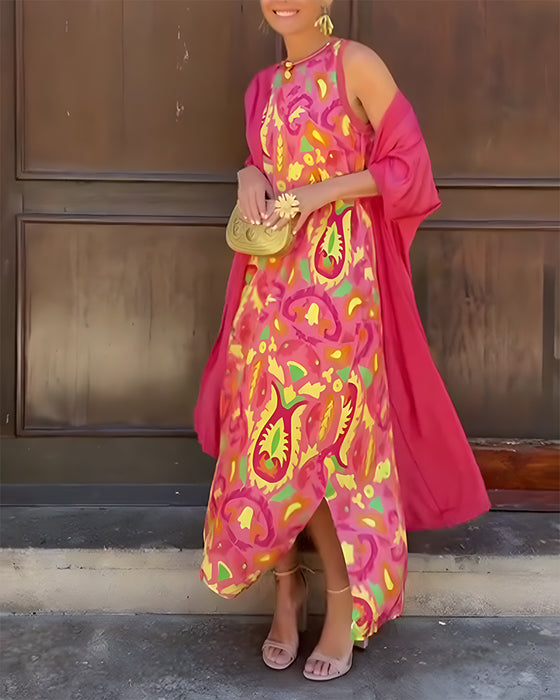 Sleeveless Long Dress With Long Cardigan Set