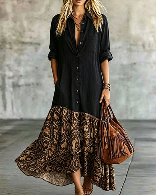Lapel Buttoned Leopard Print Dress