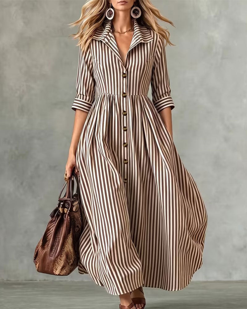 Shirt Collar Waist Striped Dress