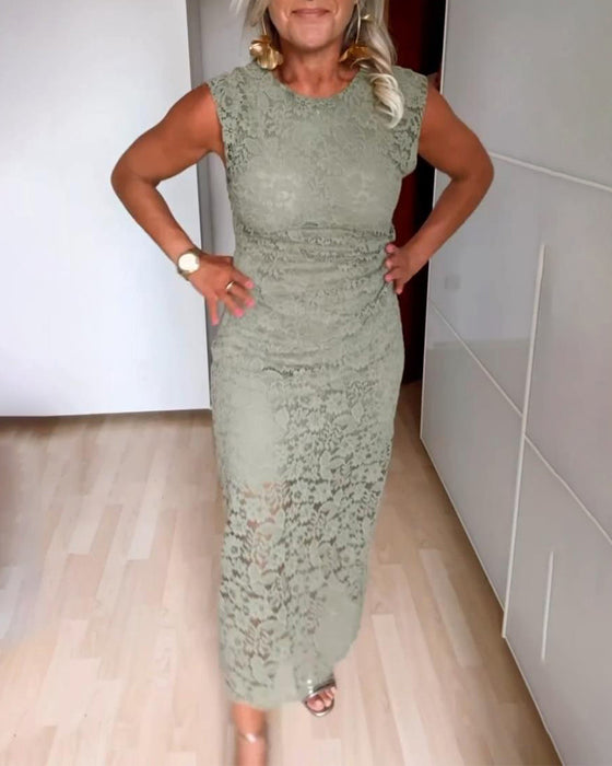 Lace sleeveless elegant slit dress