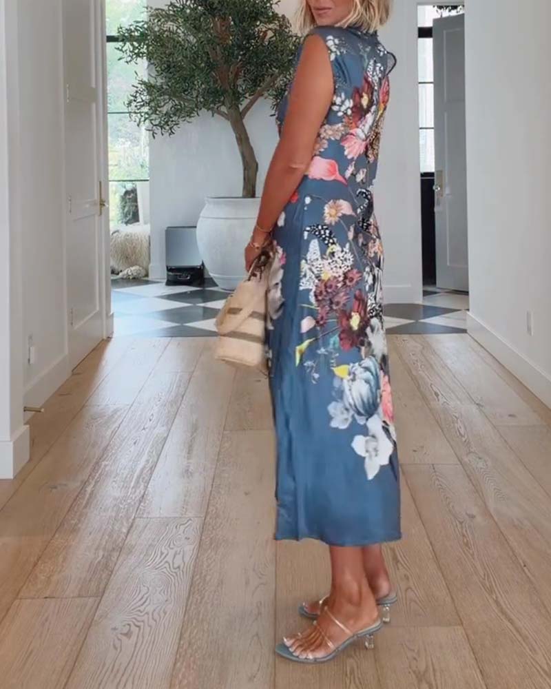 High Neck Sleeveless Floral Fitted Dress