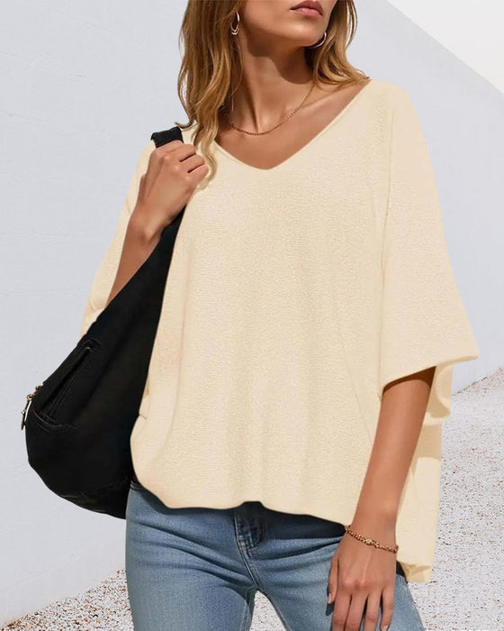 V-Neck Batwing Sleeve Solid T-Shirt