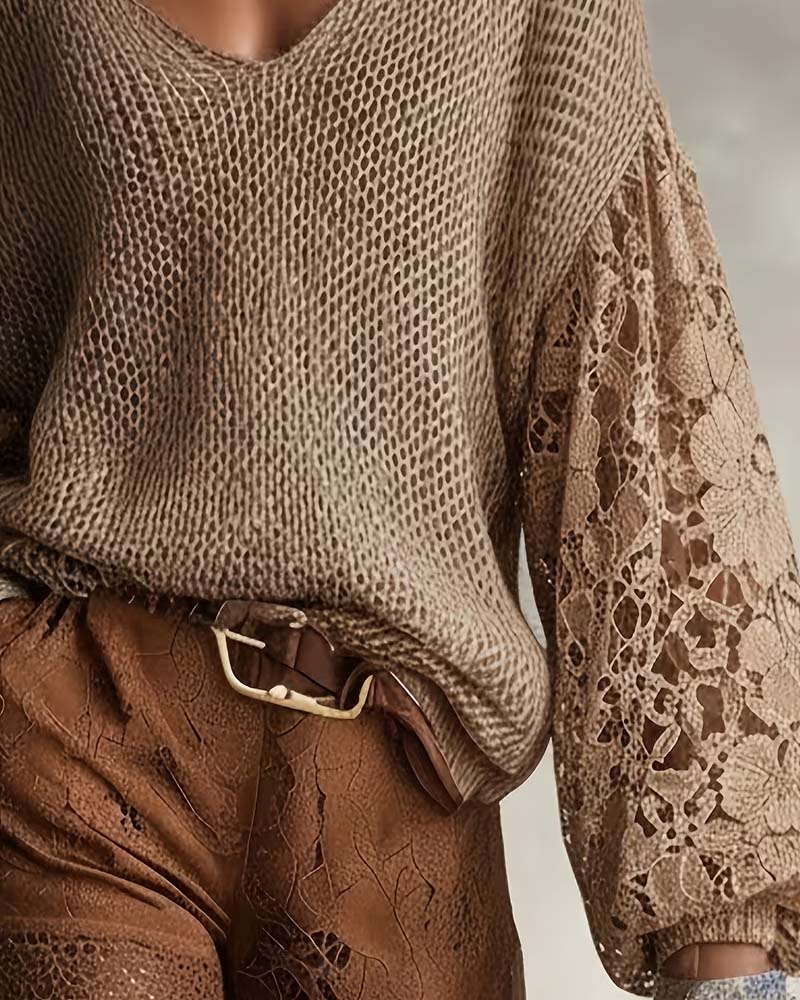 Lace Cut-Out Patchwork Lantern Sleeve Pullover