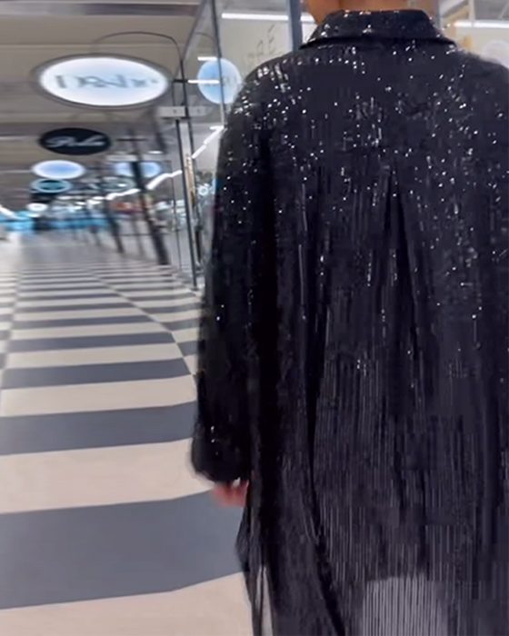 Sequined lapel slit casual shirt