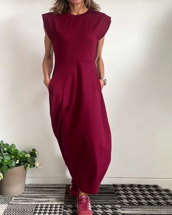 Crew Neck Pocket Solid Dress