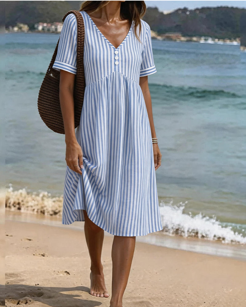 Vertical Stripe Babydoll V Neck A Line Dress