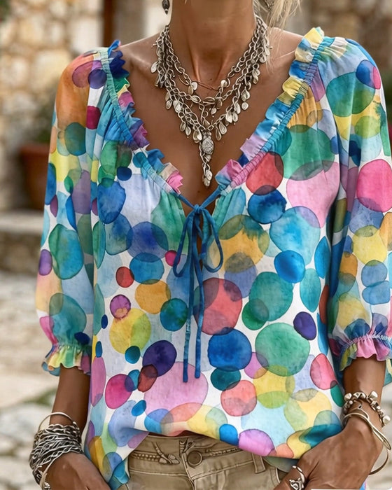 V-Neck Ruffle Sleeve Blouse