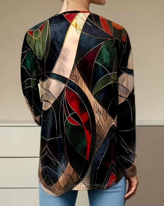 Round Neck Casual Printed Long-Sleeved Top