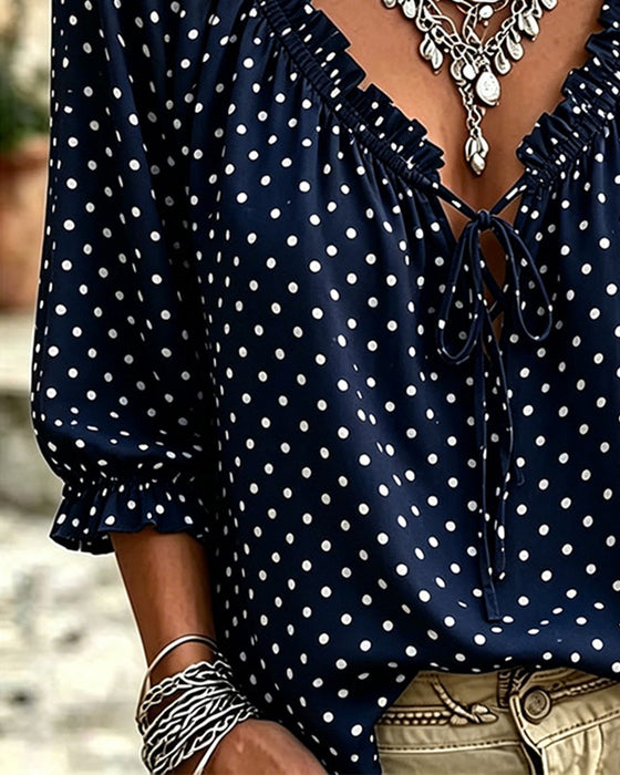 V-Neck Ruffle Polka Dot Tie Blouse