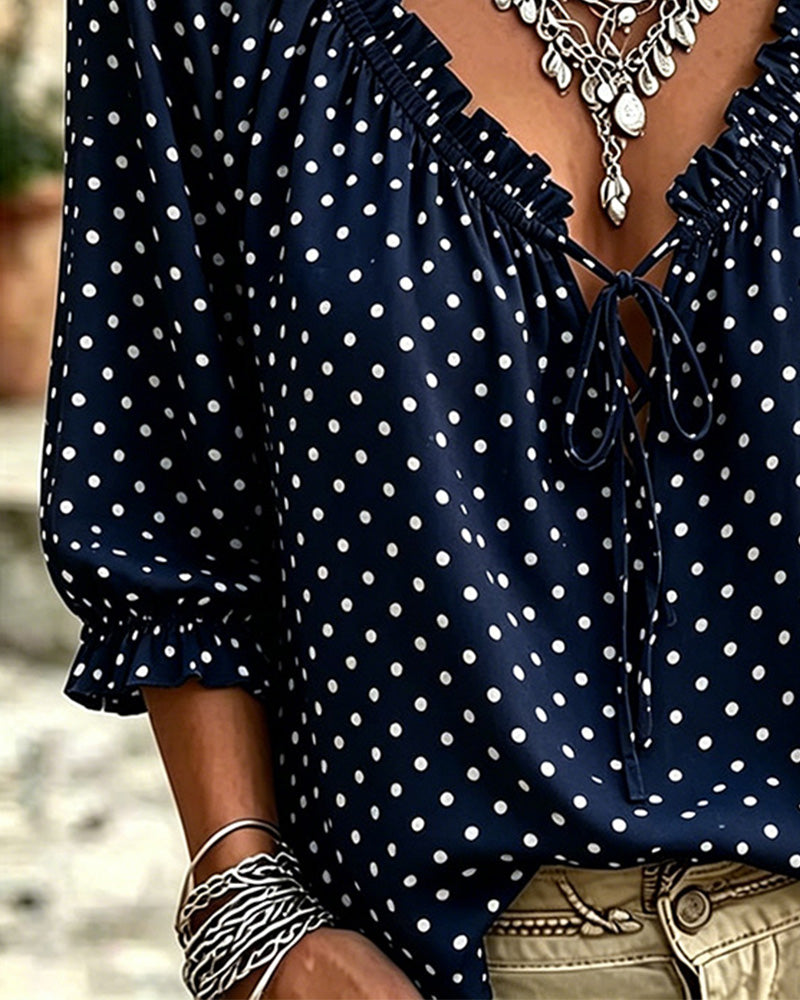 V-Neck Ruffle Polka Dot Tie Blouse