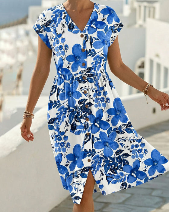 Floral Print V-Neck Short-Sleeve Dress