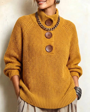 Turtleneck Buttoned Raglan Sleeves Pullover