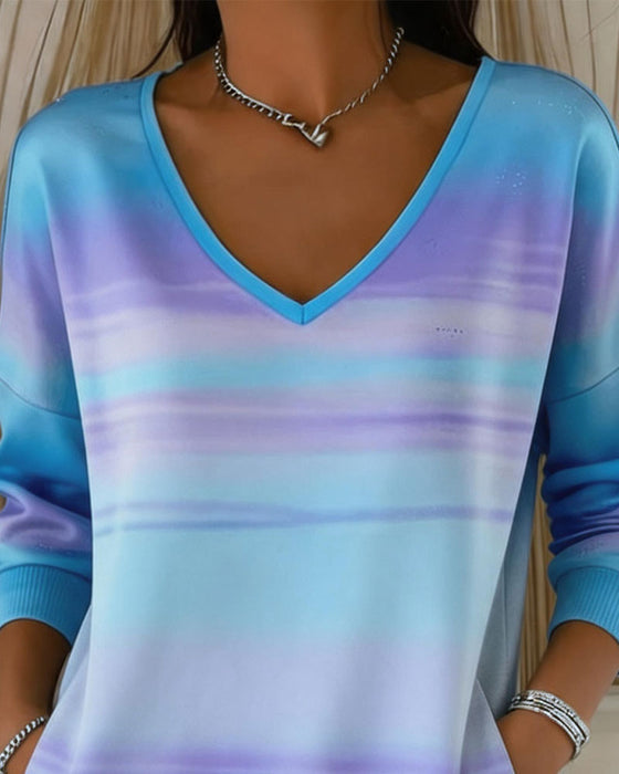 V-Neck Striped Color-Block Gradient Pocket Dress