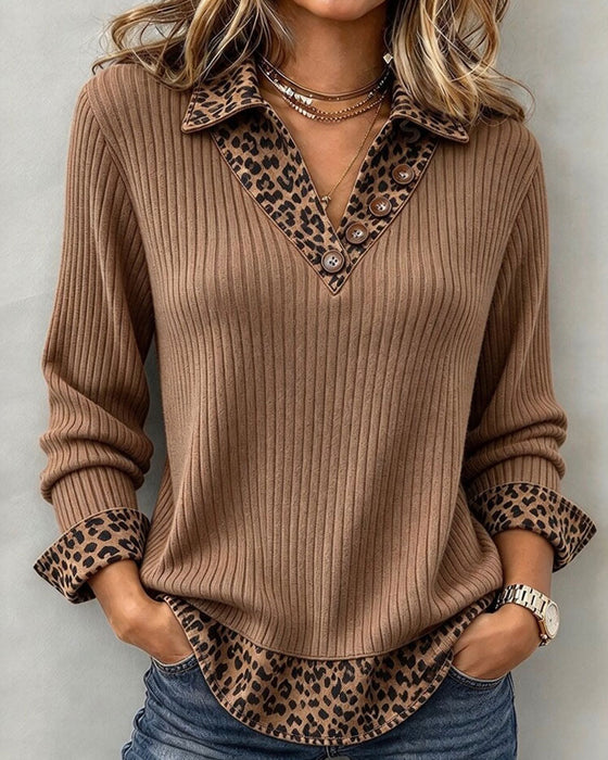 Leopard Print Patchwork Fake Two-Piece Ribbed Top