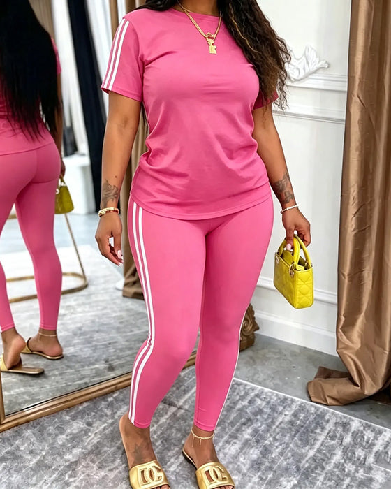 Striped Short-Sleeved Long Sweatpants Set