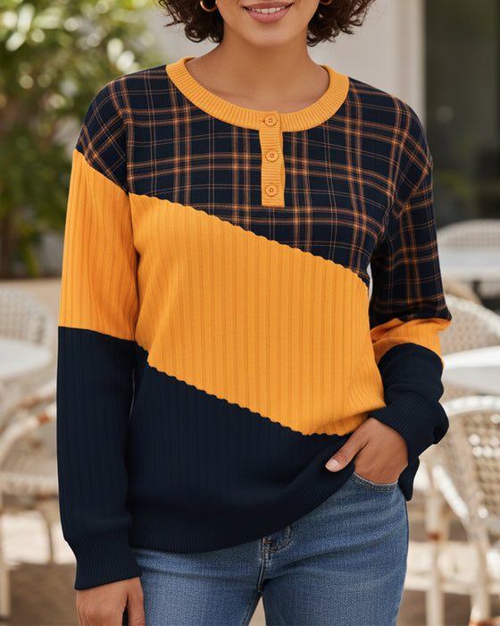 Crew Neck Plaid Color-Block Long-Sleeve Hoodie