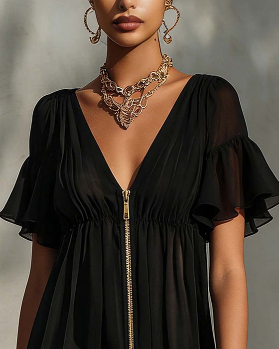 Ruffle Flare Sleeve Zipper Lace Dress