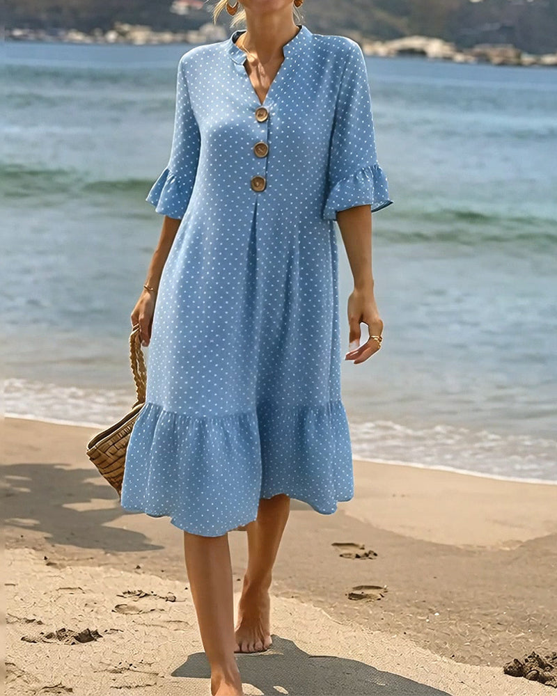 Polka Dot V-Neck Ruffle Sleeve Dress
